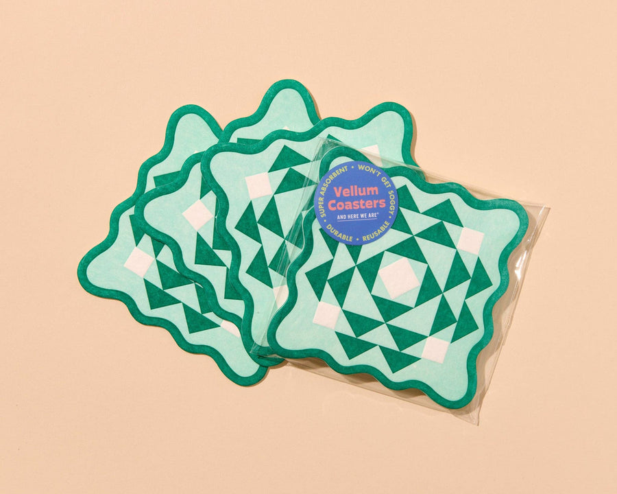 Kaleidoscope Letterpress Vellum Coasters - Green/Aqua (set of 4) - Made in USA -  - Stocking stuffer, Holiday, Gift Guide