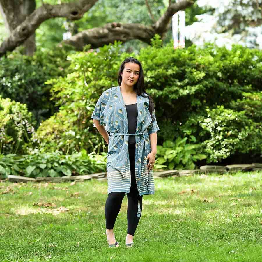 Bohemian Kimono Robe Dress Coverup in Blue Gold Tones | Bali