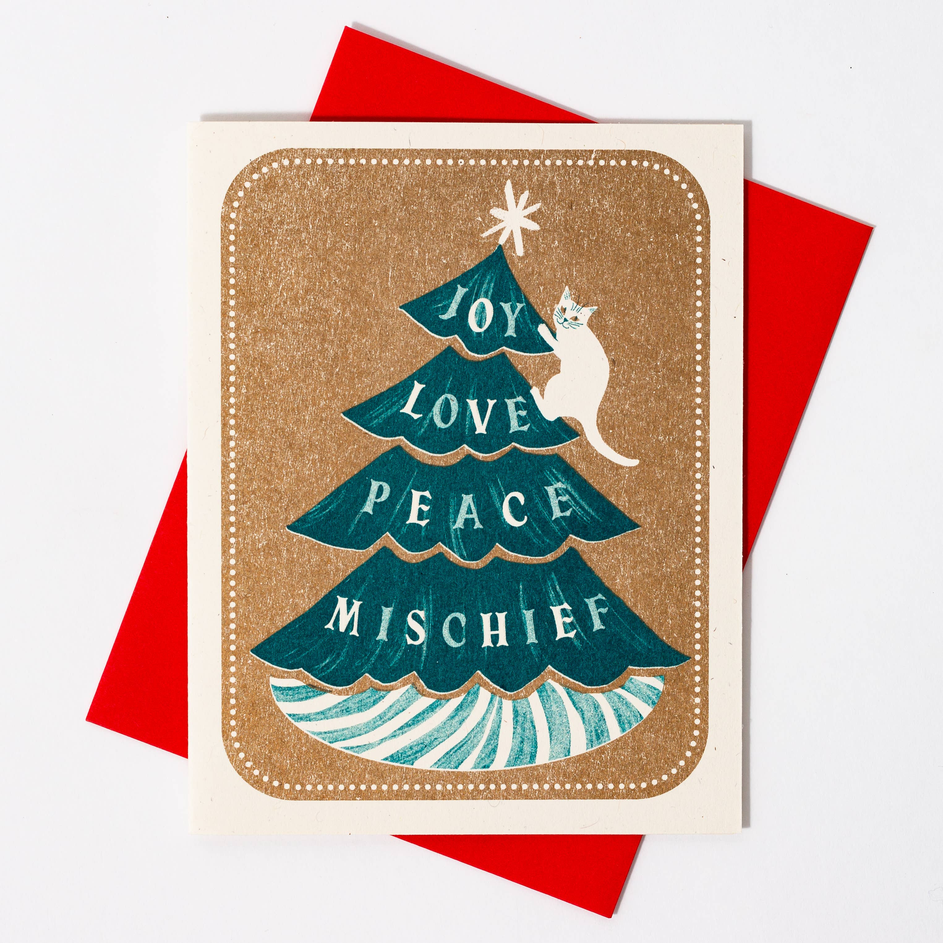 Joy Love Peace Mischief Cat - Risograph Christmas Card