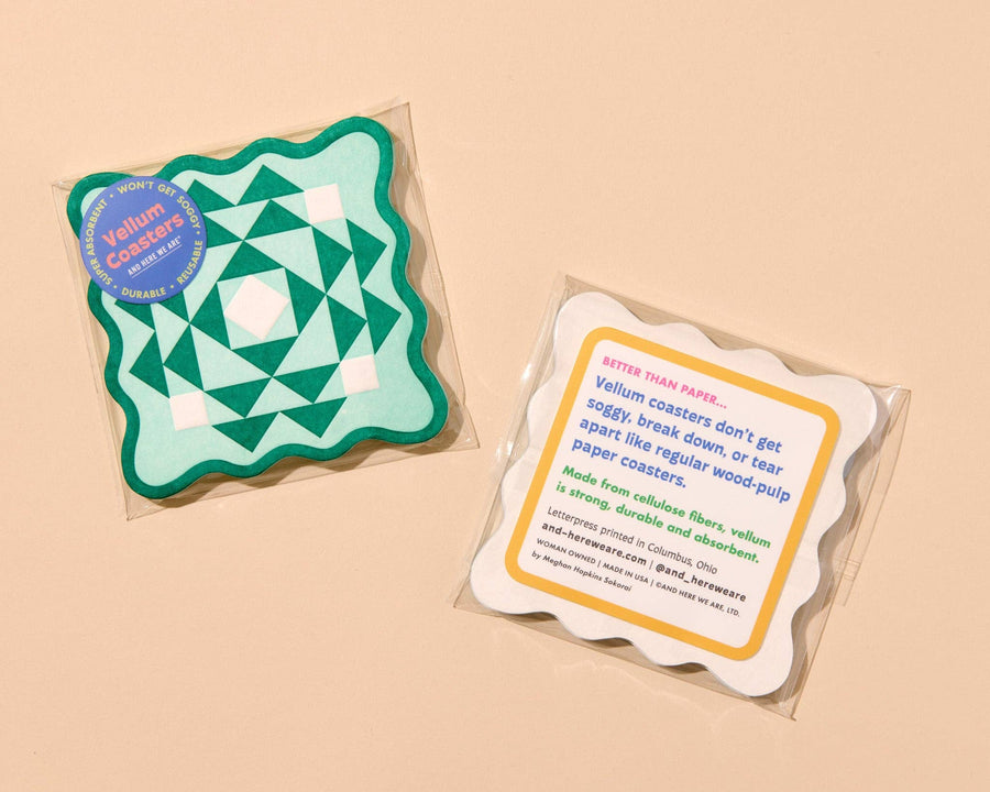 Kaleidoscope Letterpress Vellum Coasters - Green/Aqua (set of 4) - Made in USA -  - Stocking stuffer, Holiday, Gift Guide
