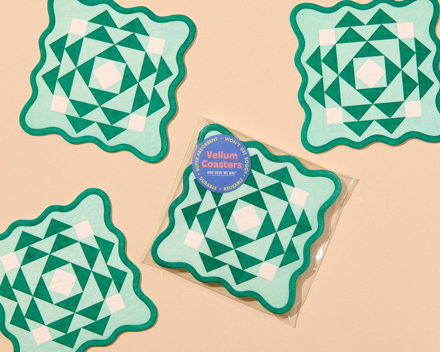Kaleidoscope Letterpress Vellum Coasters - Green/Aqua (set of 4) - Made in USA -  - Stocking stuffer, Holiday, Gift Guide