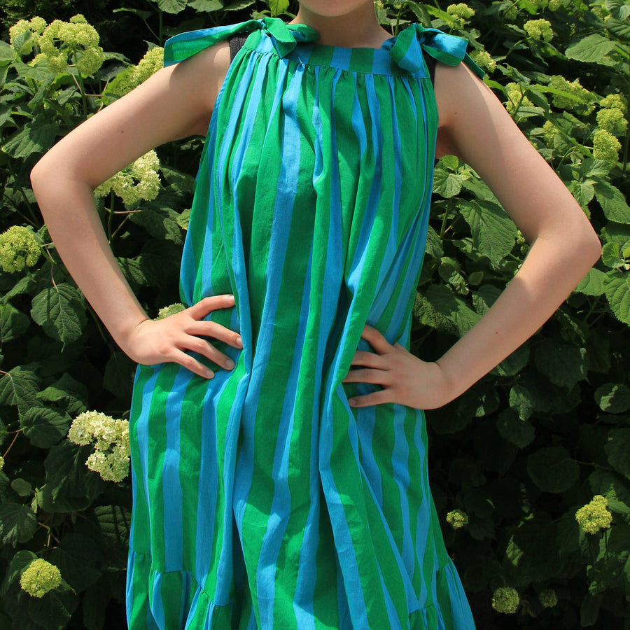 Chloe Shoulder Tie Sun Dress in Garden Cabana Stripe