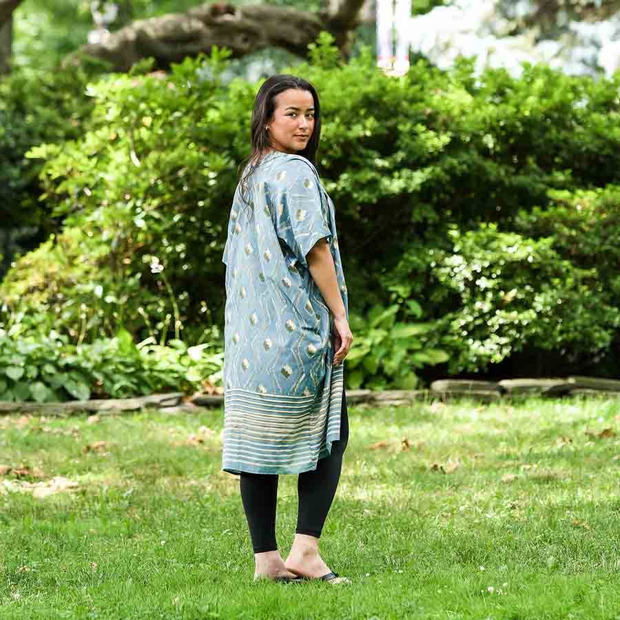 Bohemian Kimono Robe Dress Coverup in Blue Gold Tones | Bali