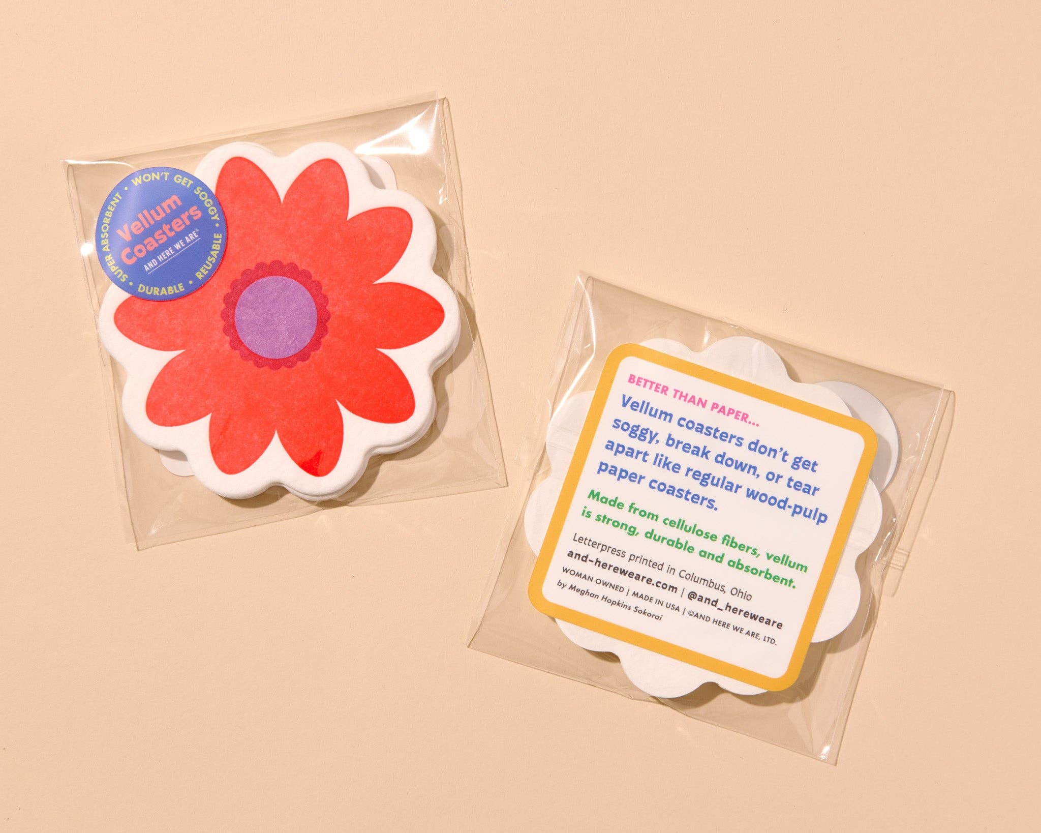 Blume Letterpress Vellum Coasters - Red (Set of 4) - Made in USA, Flower, Floral, Spring, Summer - Christmas Gift, Stocking Stuffer