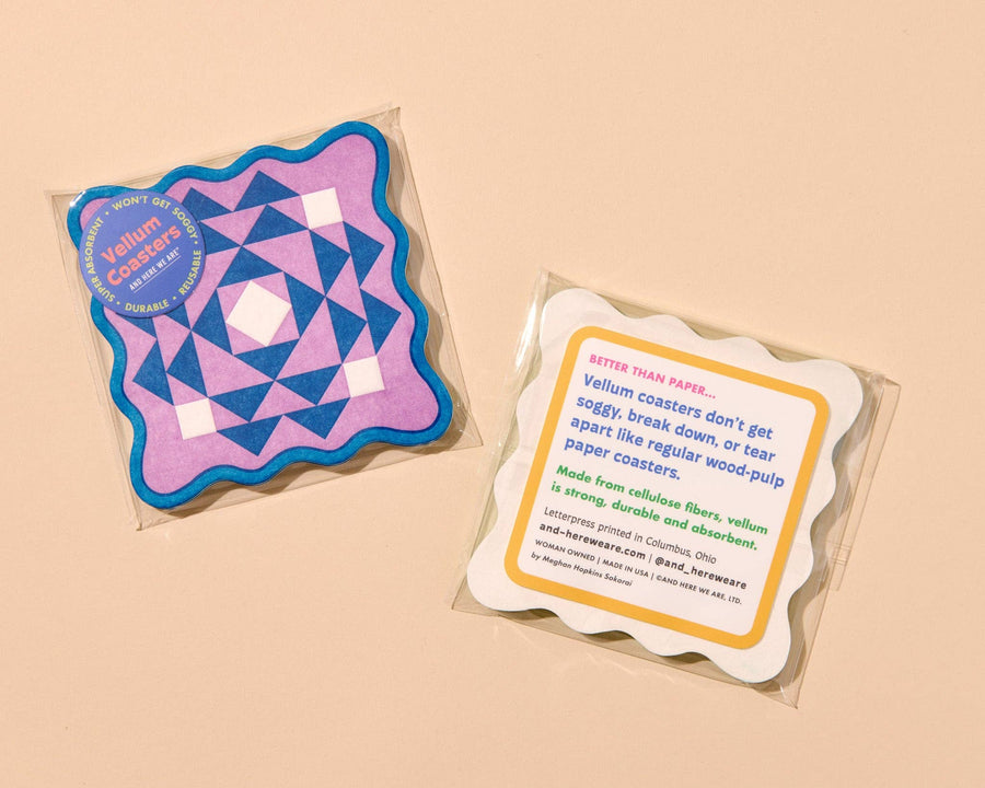 Kaleidoscope Letterpress Vellum Coasters - Blue/Purple (Set of 4) - Made in USA - Stocking stuffer, Holiday, Gift Guide