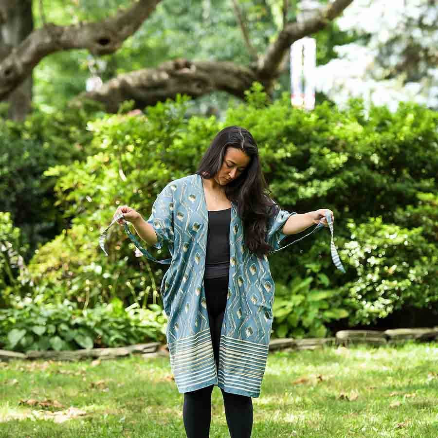 Bohemian Kimono Robe Dress Coverup in Blue Gold Tones | Bali