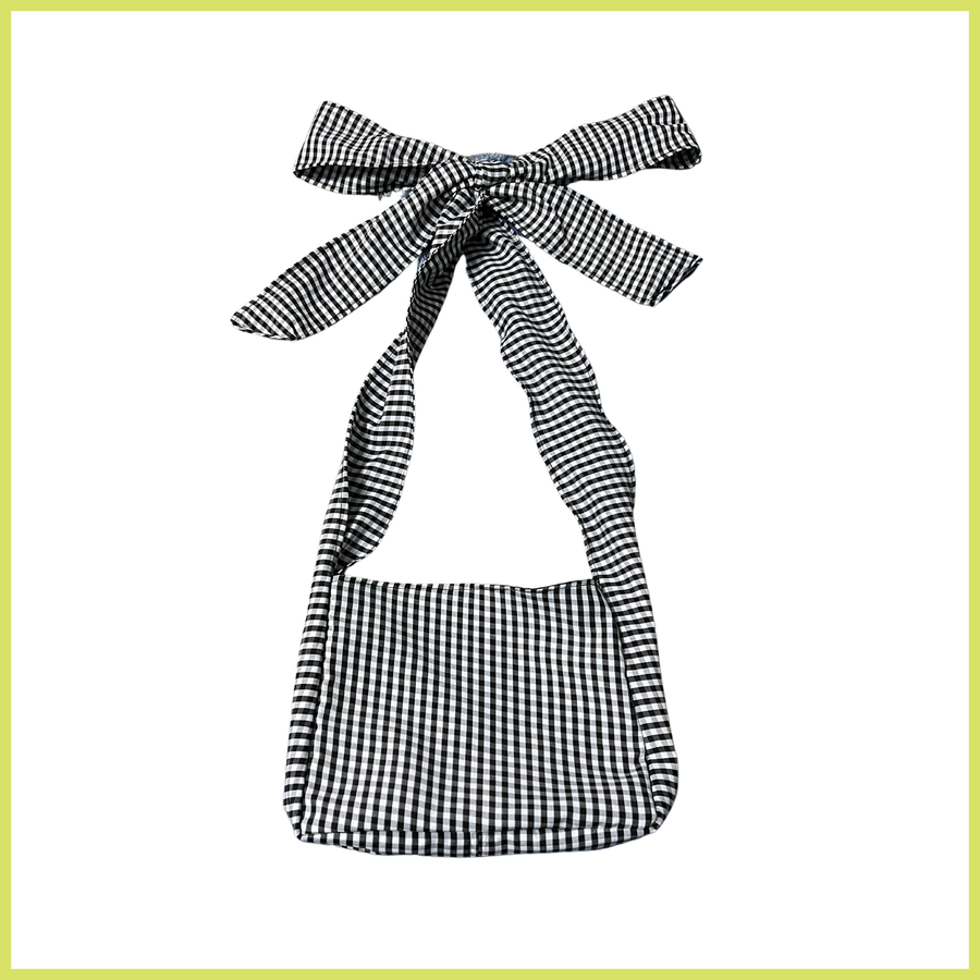 Black and White Gingham Bow-Strap Bag
