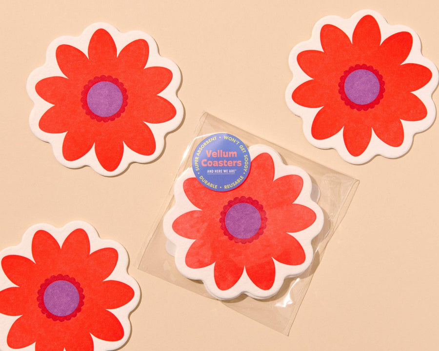 Blume Letterpress Vellum Coasters - Red (Set of 4) - Made in USA, Flower, Floral, Spring, Summer - Christmas Gift, Stocking Stuffer