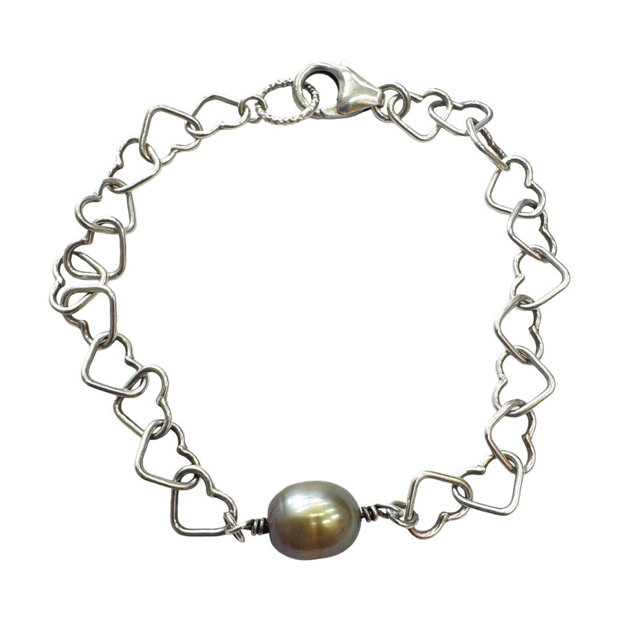 Vintage pearl on sterling silver heart chain bracelet