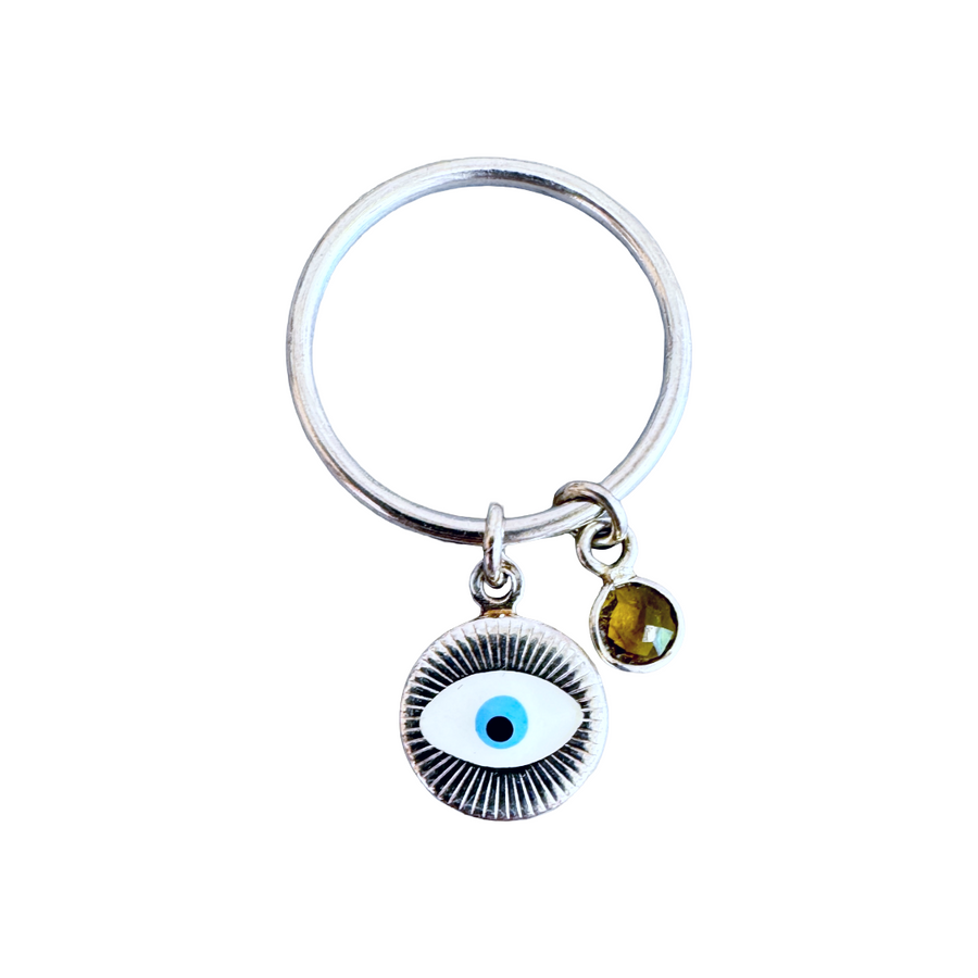 Charm Ring - evil eye charm & citrine charm - recycled silver