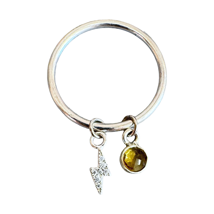 Charm Ring - lightning bolt & citrine - recycled silver