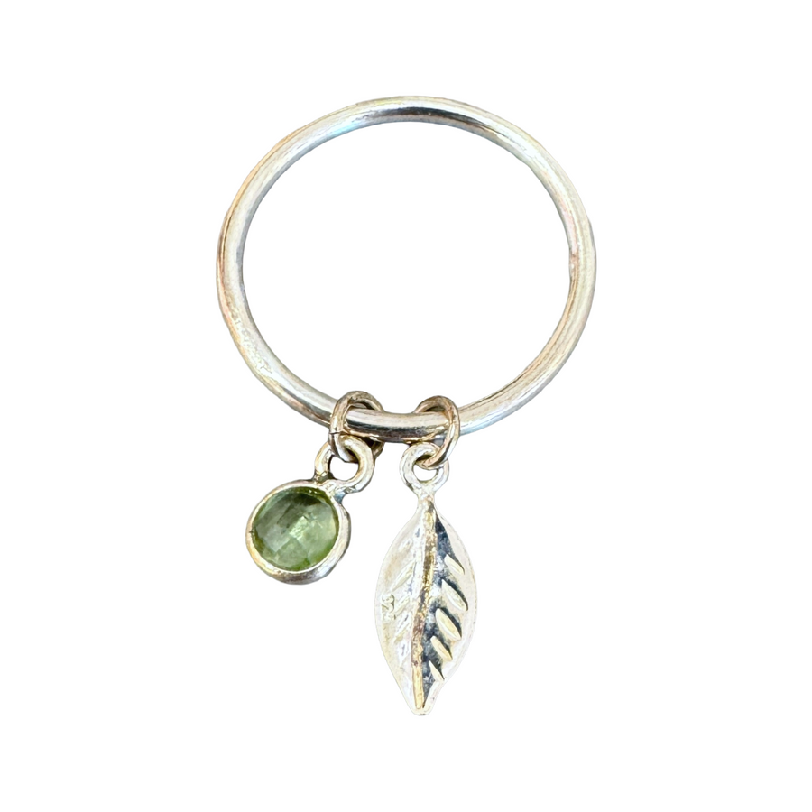 Charm Ring - sterling silver leaf & green chalcedony - recycled silver