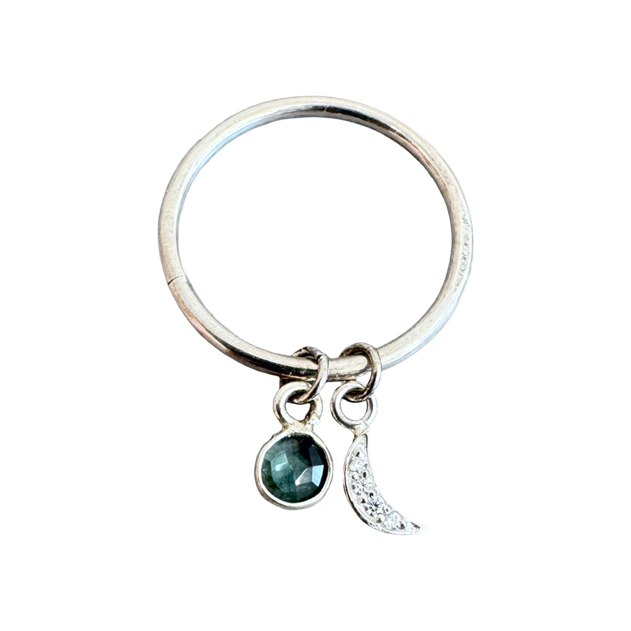 Charm Ring - cz moon with  blue topaz gemstone - recycled silver