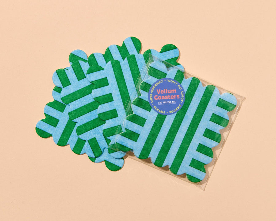 Riviera Stripes Scalloped Letterpress Vellum Coasters - Blue/Green (Set of 4) - Made in USA - Housewarming, Home Decor, Christmas Gift, Stocking Stuffer