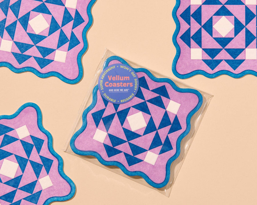 Kaleidoscope Letterpress Vellum Coasters - Blue/Purple (Set of 4) - Made in USA - Stocking stuffer, Holiday, Gift Guide