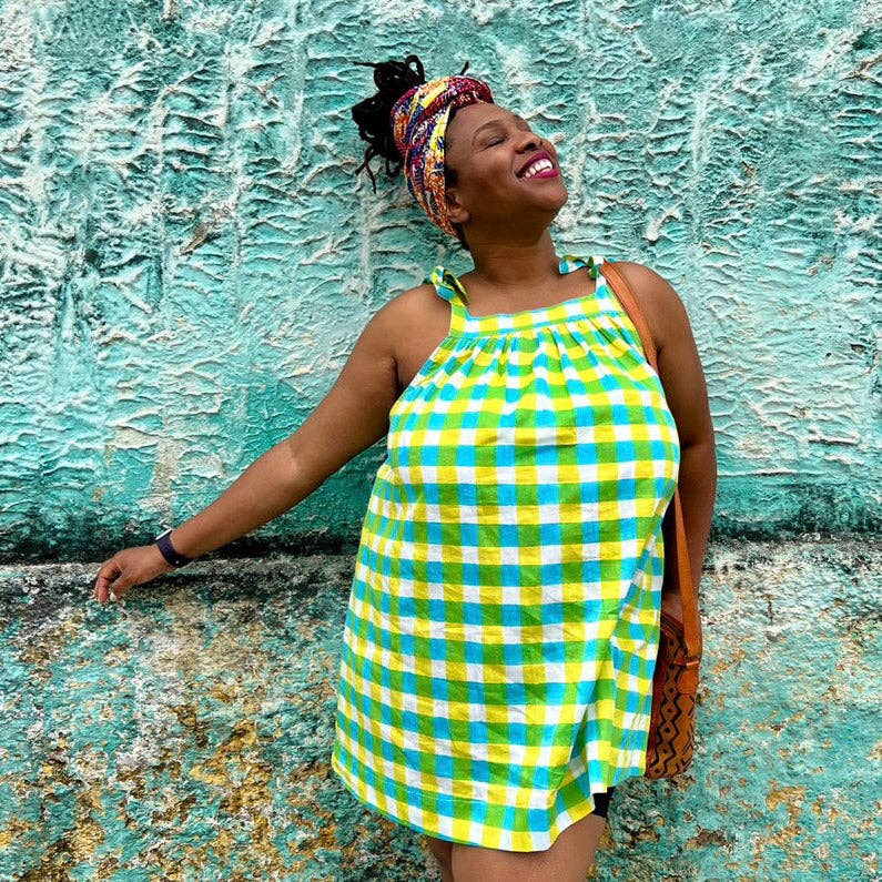 Mimi Shoulder Tie Sun Dress in Citrus Gingham