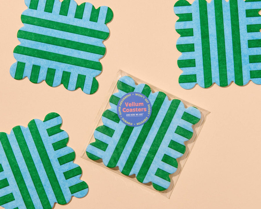 Riviera Stripes Scalloped Letterpress Vellum Coasters - Blue/Green (Set of 4) - Made in USA - Housewarming, Home Decor, Christmas Gift, Stocking Stuffer